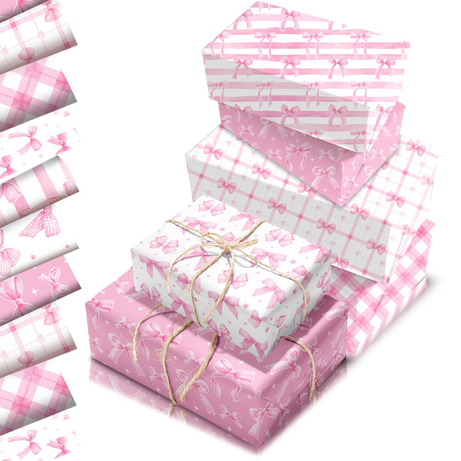 Pink Bow Wrapping Paper Sheets 68x50cm,12 Sheet Cute Bow Knot Gift Wrapping Paper,Recyclable Pink Bow Wrapper for Girls Birthday,Mother/Valentine's Day Baby Shower Party Gift Wrap Boxes Decorations