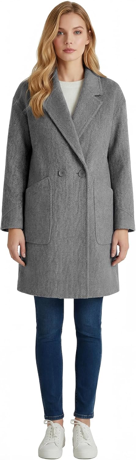 Pantete Womens Winter Warm Pea Coat Herringbone Notch Lapel Mid-Long Single Breasted Quilted Lined Trench Jacket - Image 2