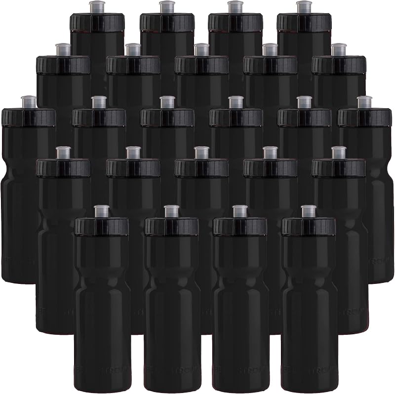 50 fuertes | Botellas de agua a granel, paquete de 24, 22 oz, exprimibles zapatillas, negras