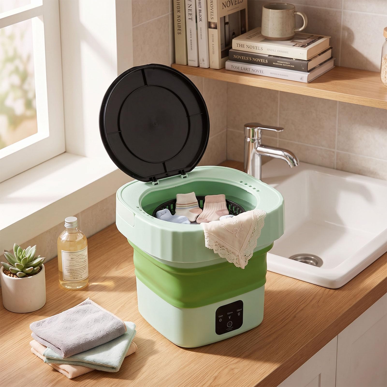 Lavadora Plegable de 6 Litros con Cesta para Manguera de Drenaje (Enchufe de la UE 100-240V)