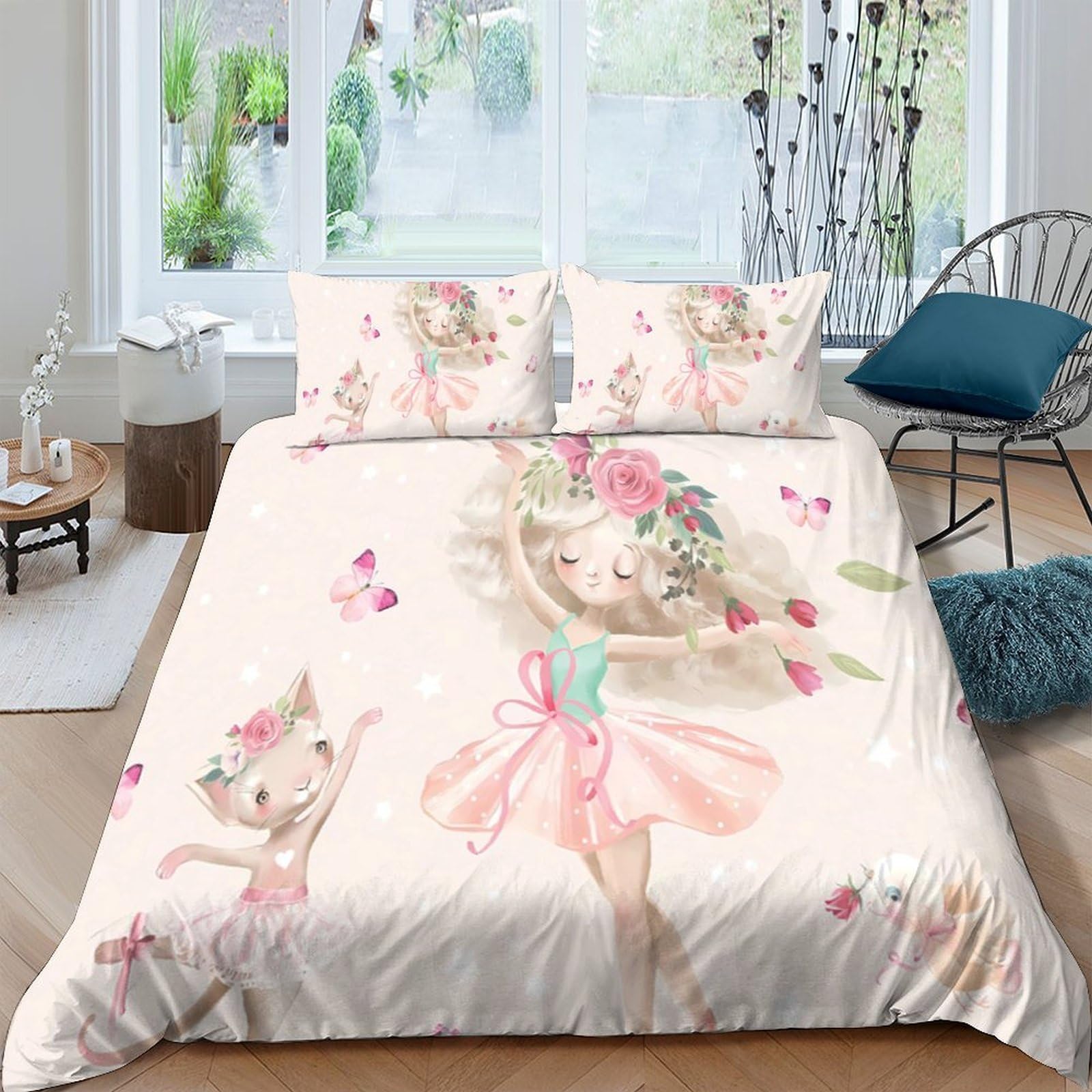 Ctjqhvkz Style-5 3D Printed Ballerina Cat Fitted Sheet Microfiber Soft Pink Floral Mattress Cover Bedroom Dorm Mattress Protector Single（135X200cm）