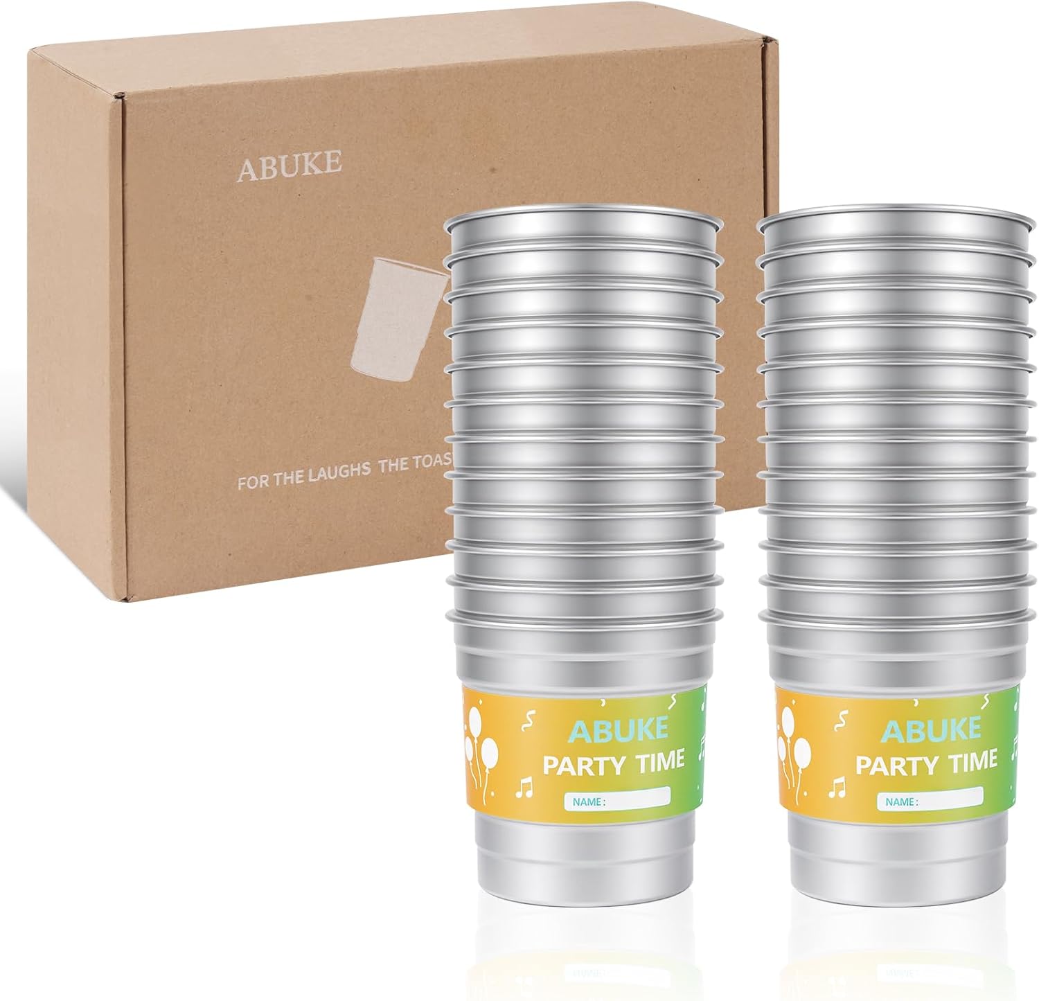 12oz Disposable Aluminum Party Cups, 24 Pack + 24 Signature Party Sleeves – Recyclable Metal Cups with Fun Party Vibe & Name Tag Area (silvery, 12, ounces)
