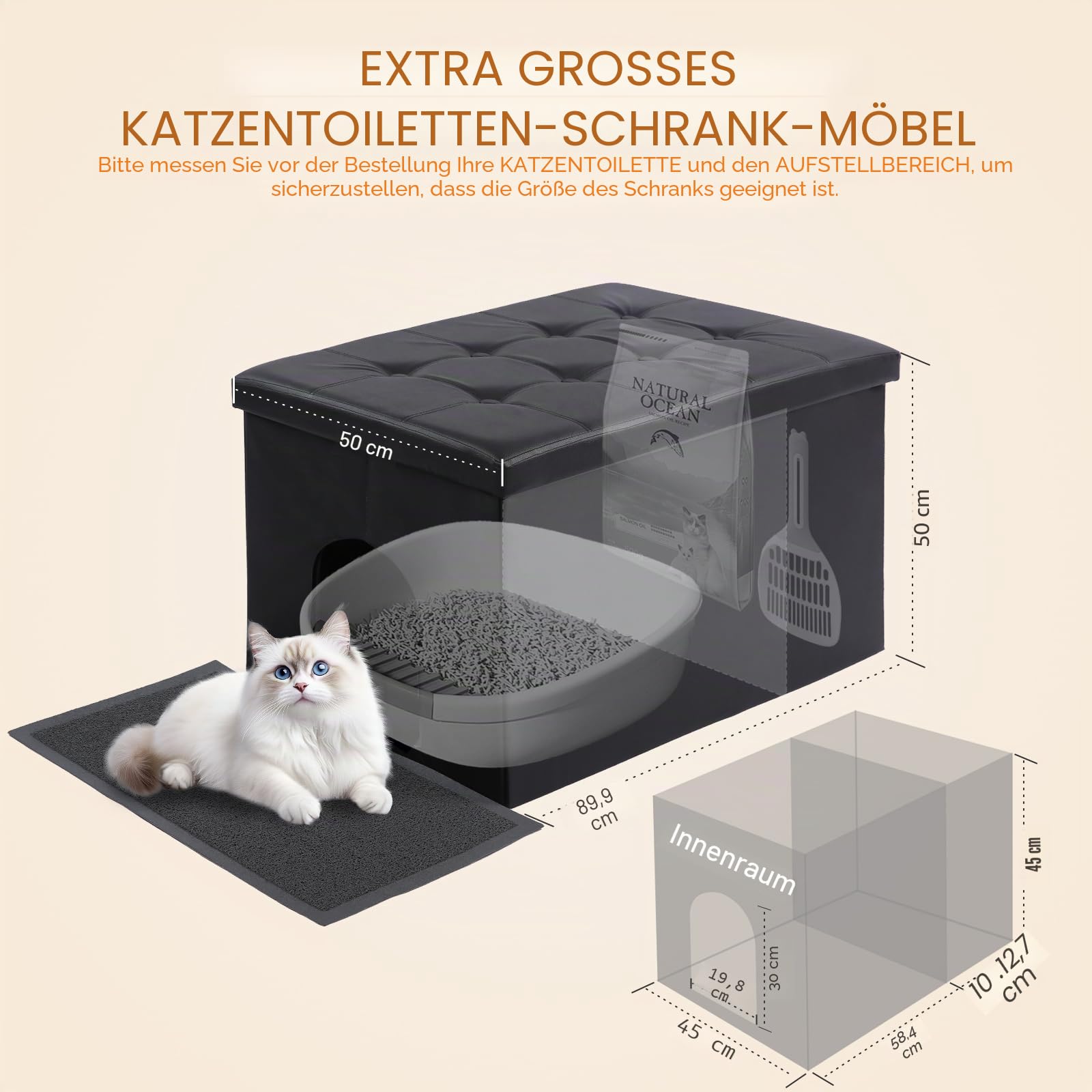 MEEXPAWS Katzenklo Schrank XXL, Katzenschrank für Katzentoilette, Verstecktes Katzenklo, Katzentoilettenschrank, Katzen Schrank Sitzbank, Katzenklo Kommode, 90 x 50 x 50cm