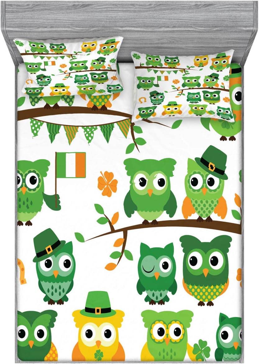 Ambesonne St. Patrick's Day Fitted Sheet & Pillow Sham Set, Irish Owls Leprechaun Hats on Trees Shamrock Leaves Horseshoe, Decorative Printed 3 Piece Bedding Decor Set, Queen, Green White