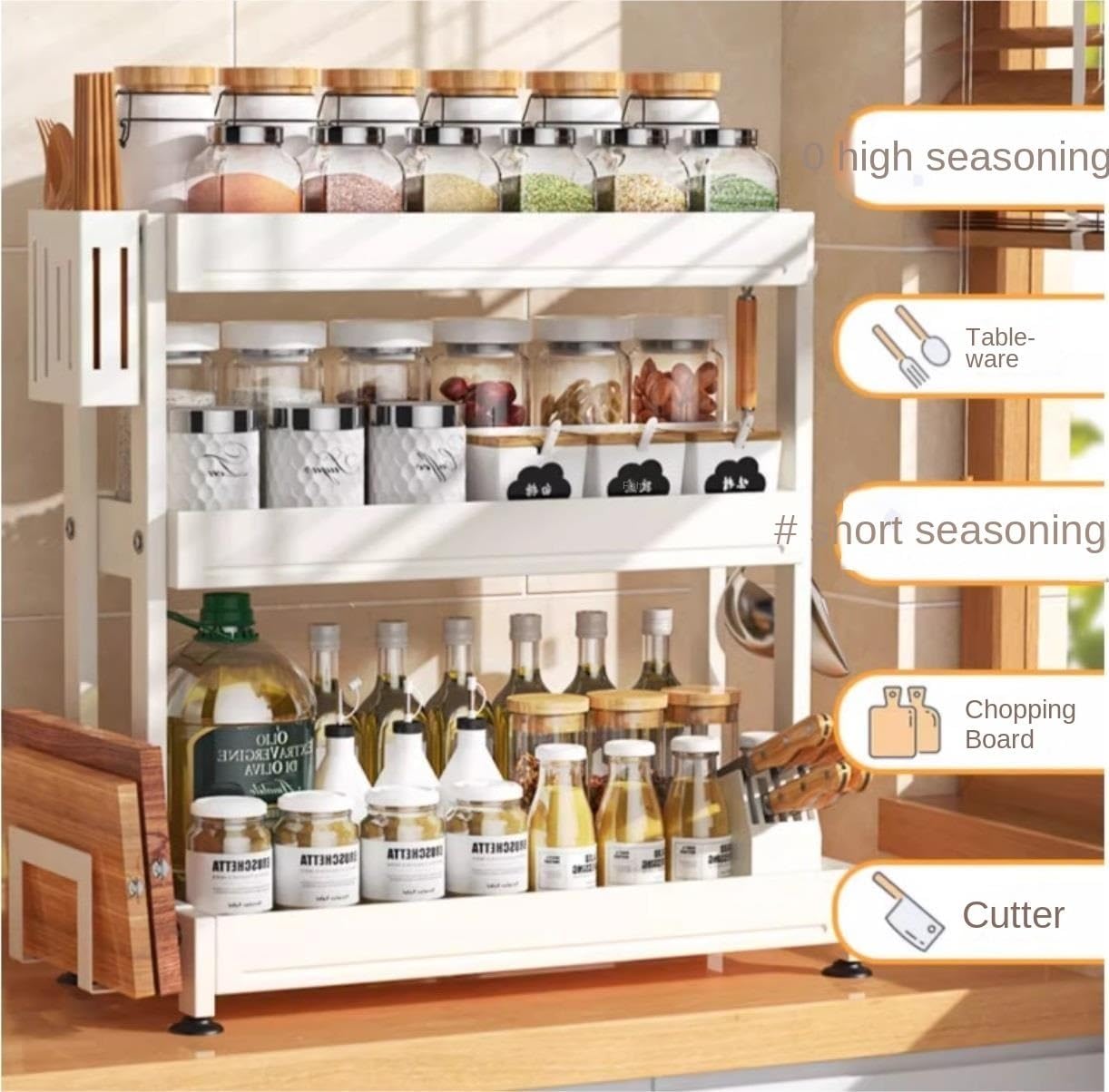 Seasoning Jars Rack Spice Rack 3 Tier Spice Rack with Cutting Board Holder Chopstick Holder Knife Holder Stainless Steel Spice Organizer for Kitchen Spice Organizer Spice