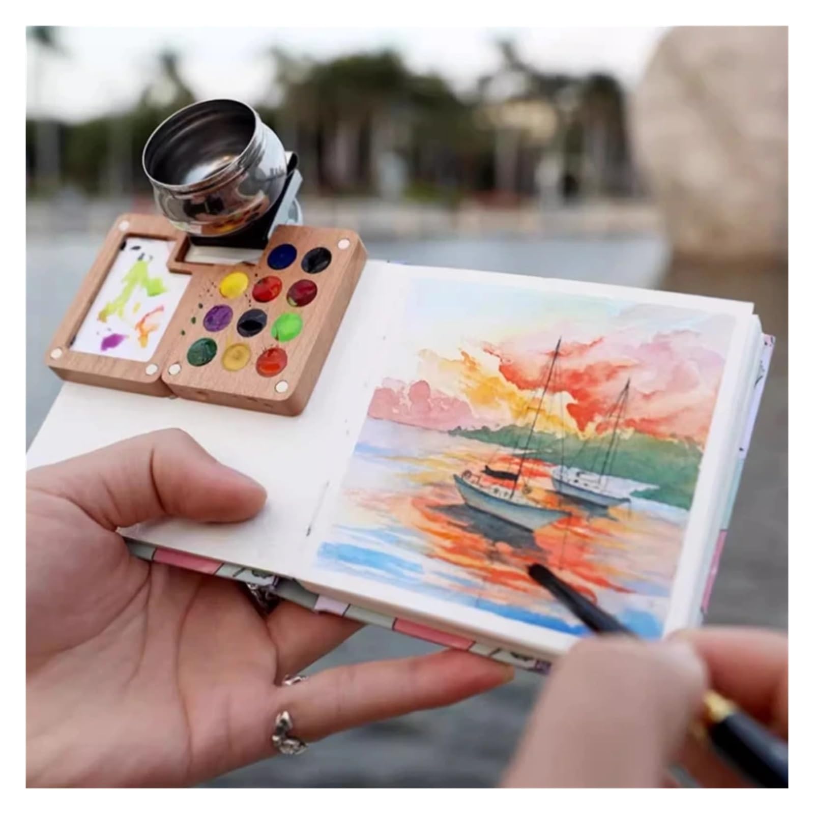Mini caja de acuarela portátil 11 rejillas, color nogal, ideal for viajes, for pintar y dibujar Para Gouache, Acuarela y óleo(B-3pcs)