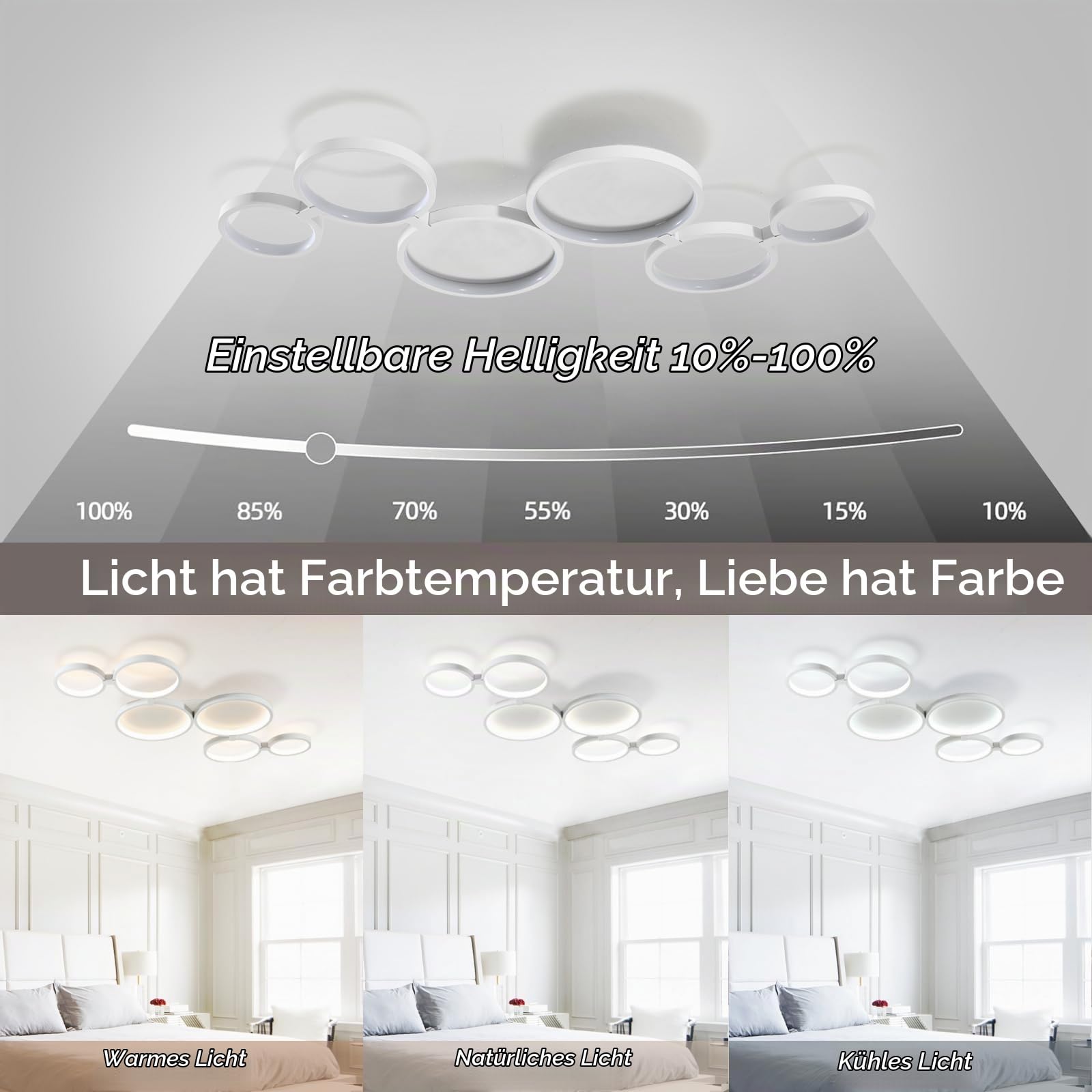 LED Deckenleuchte Dimmbar Modern Lang 95cm, 6 Ringe Schlafzimmer Wohnzimmer Lampe Decke Mit Fernbedienung APP, Flimmerfreies Licht Memory-Funktion, Ultraflaches Design Ceiling Lamp Büro Weiß