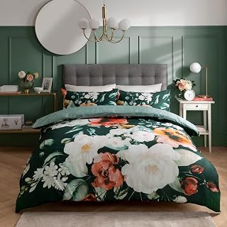 Sleepdown Painted Large Floral Bloom Green White 100% Cotton Duvet Cover Quilt and Pillow Cases Bedding Set Soft Easy Care - Double (200cm x 200cm)