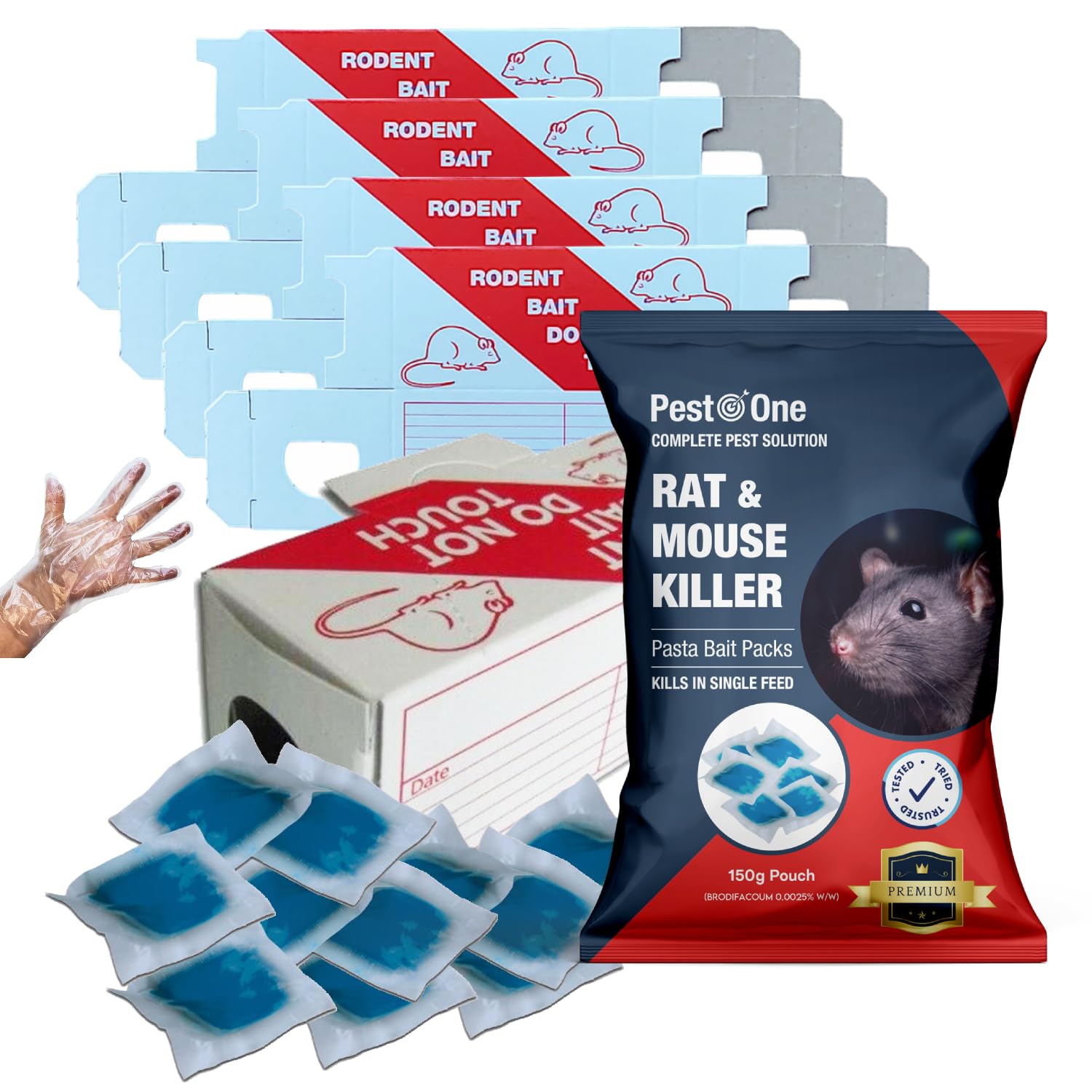 Blue Pasta Bait Mouse Poisoning Blue Pasta Sachets with Cardboard Mouse Boxes Single Feed Rat Mice Killer Pasta Max Strength 150g (15x10g sachets) with 5 Pieces Cardboard Mouse Bait Boxes.