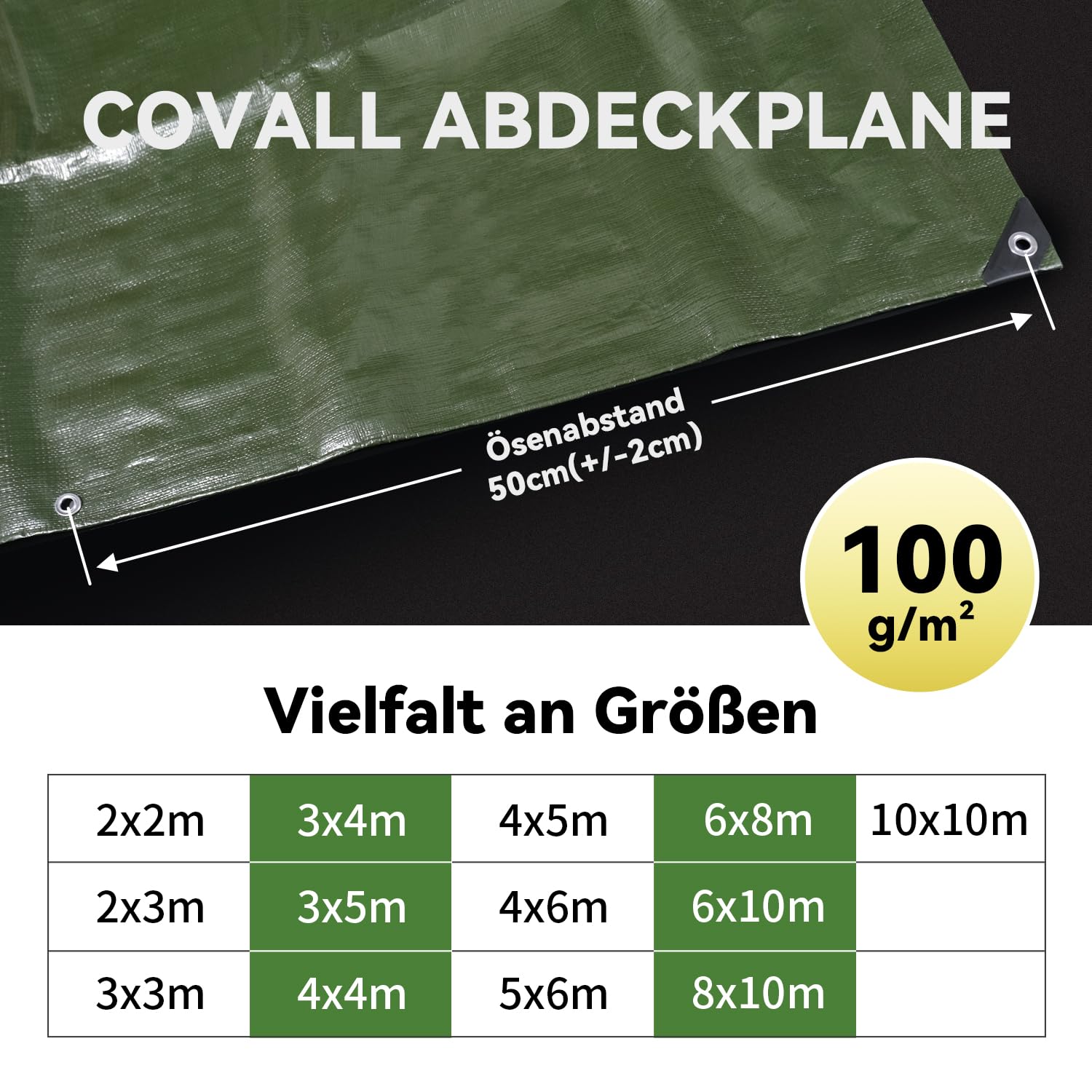 Abdeckplane mit Ösen Wasserdicht Gewebeplane Plane Tarp 4x6m Mittelschwere zeltplane Abdeckung 100g/m² Grün Bauplane Holzplane Industrieplane UV-Beständig Camping Zelt Pool Dach Boote LKW