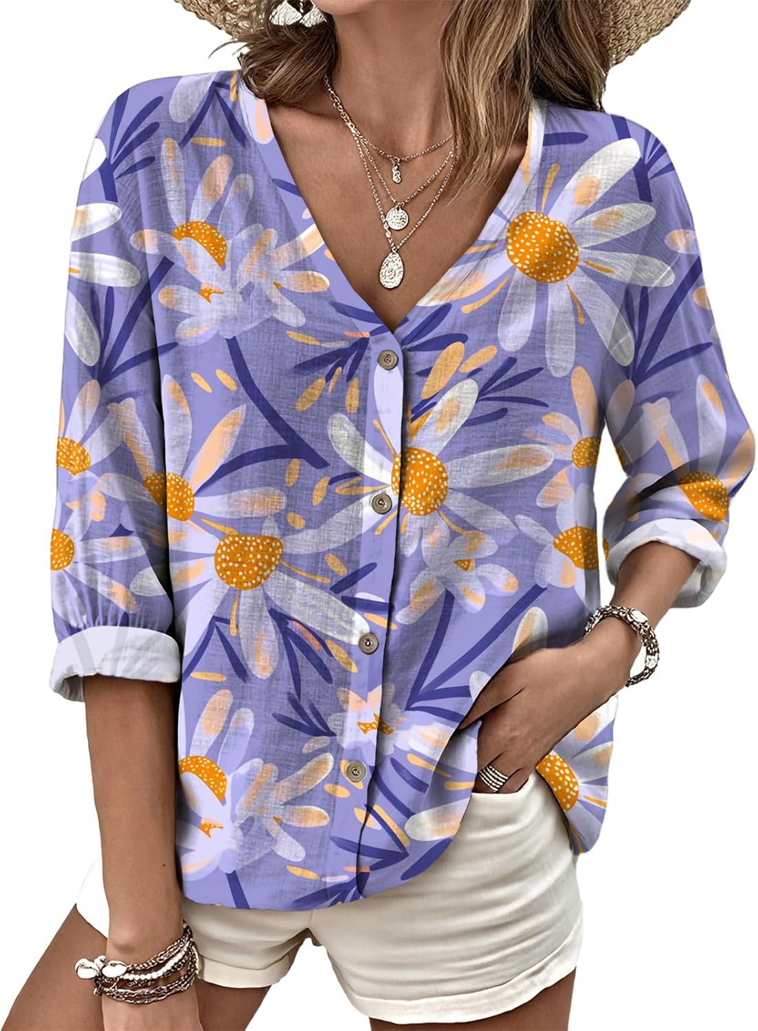 Boho Floral Blouses for Women Oversized Button Shirts for Women Long Sleeve Top Sum...