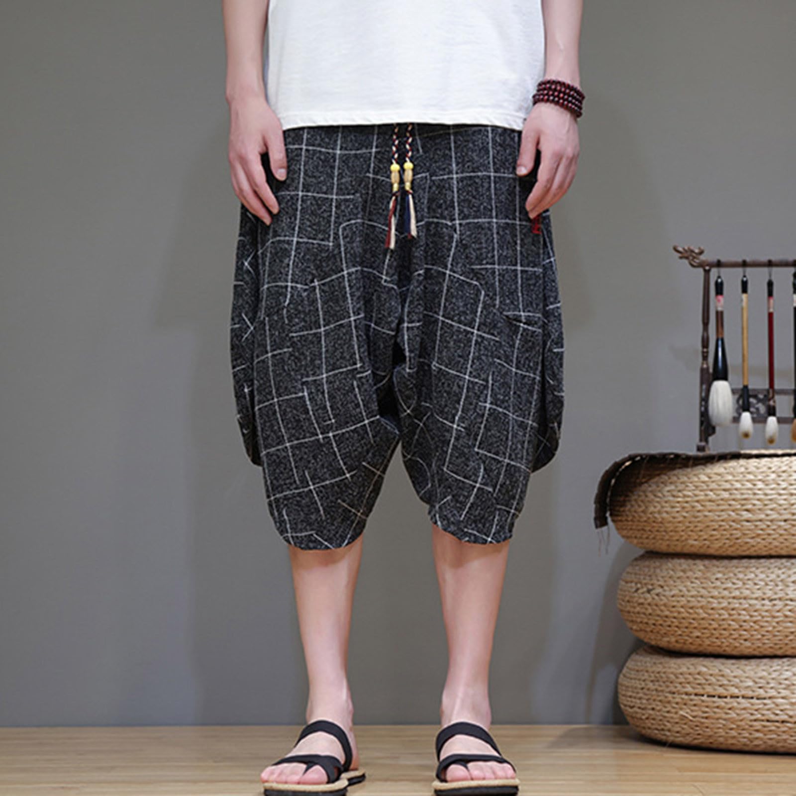 Pantaloni corti harem da uomo, baggy, corti, estivi, Goa, pantaloni hippie con tasche, vestibilità larga, pantaloni estivi leggeri, per il tempo libero, per le vacanze e la spiaggia