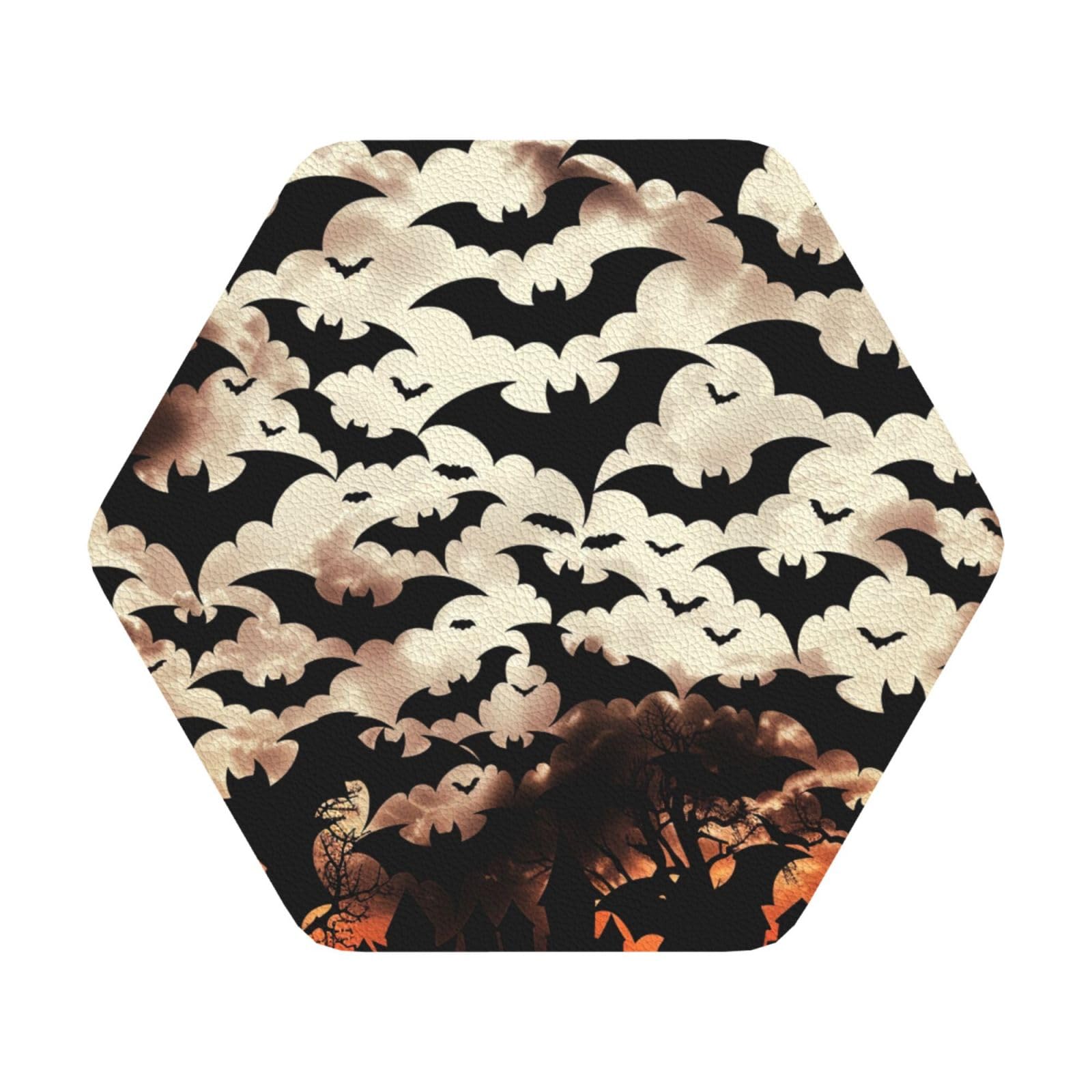 Halloween Flying Bats Print Leather Coaster Set of 6, Hexagon Coasters Table Decorative Coffee Cup Beverage Coasters Wine Beer Bar Coasters for Hot Drinks Table Protection