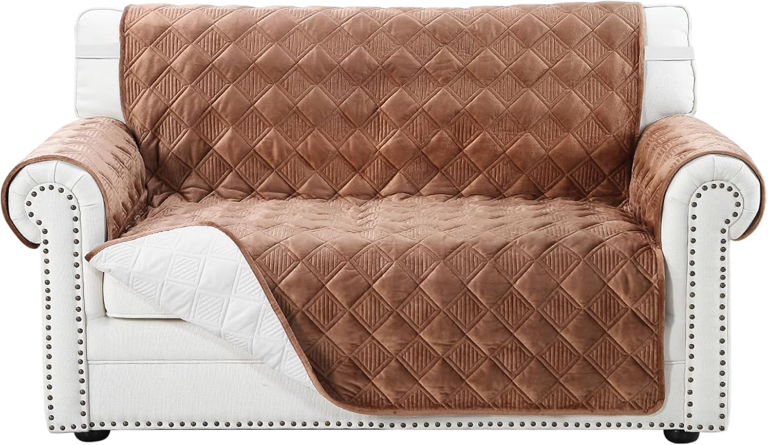 OstepDecor Sofa Cover 2 Seater Loveseat Couch Cover, Non Slip Sofa Slipcovers with Elastic Strap, Washable Sofa Furniture Protector for Pets, Dogs (120x185cm, Coffee)