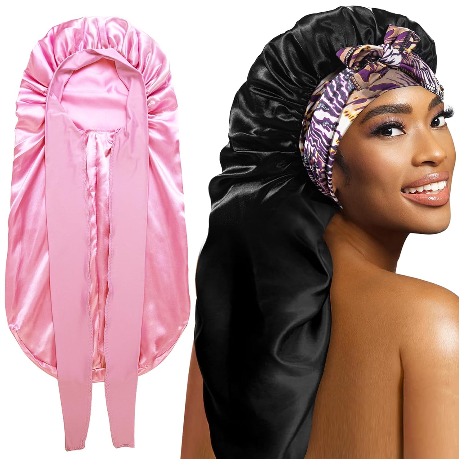 2Pack Bonnets for Black Women Braid Bonnet, Large Long Bonnet Satin Bonnet for Braids,Black Women Silk Bonnet with Stretchy Tie Band Braid Bonnet for Sleeping Extra Long (Pink &Black Dark Pattern (2pcs-pink &Black Dark Pattern) Thumbnail