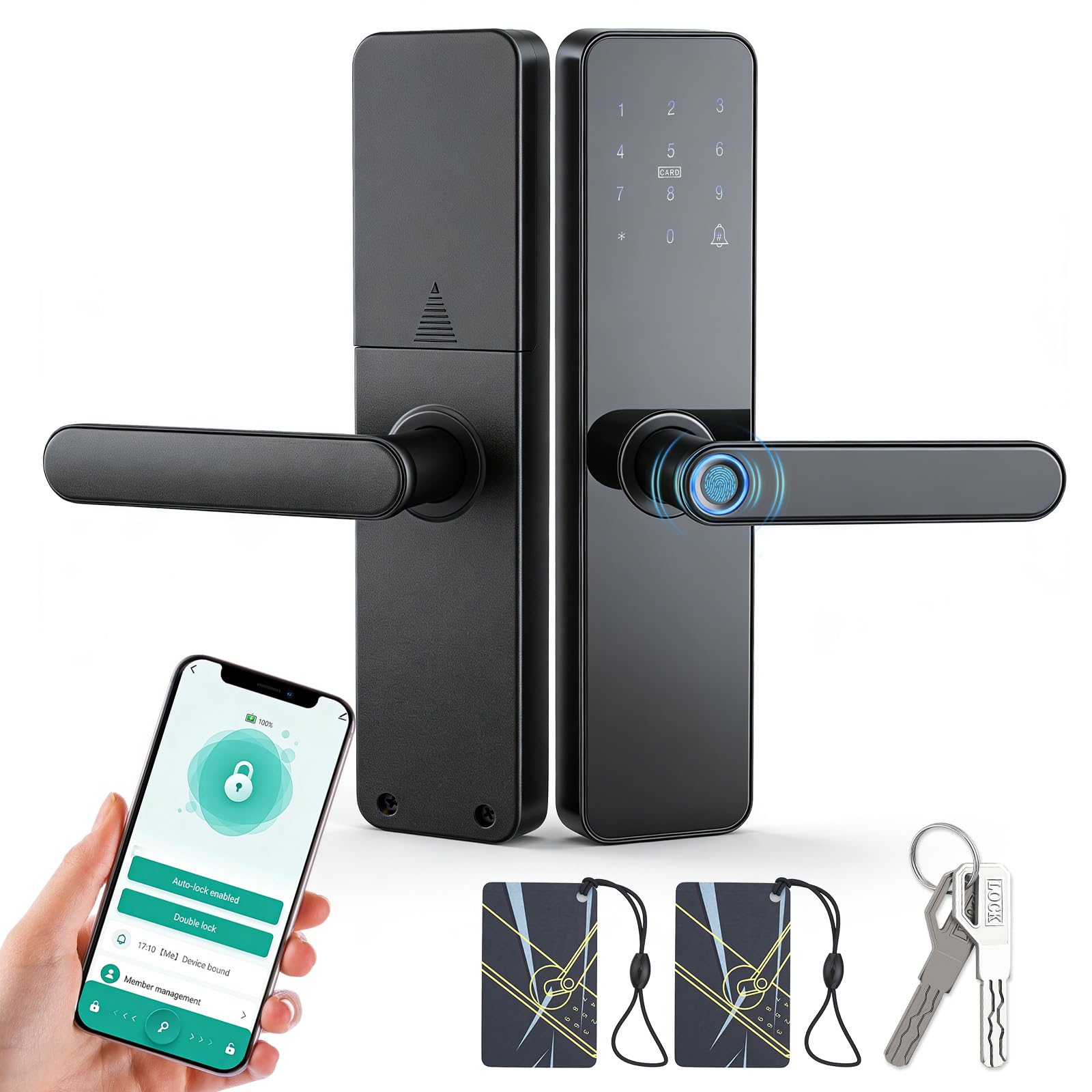 Smart Door Lock with Handle - 5-in-1 Fingerprint & Keypad Entry, Bluetooth APP Control RFID Card, Auto-Lock Digital Code Lock for Aluminum Wooden Front Door - Weatherproof Design