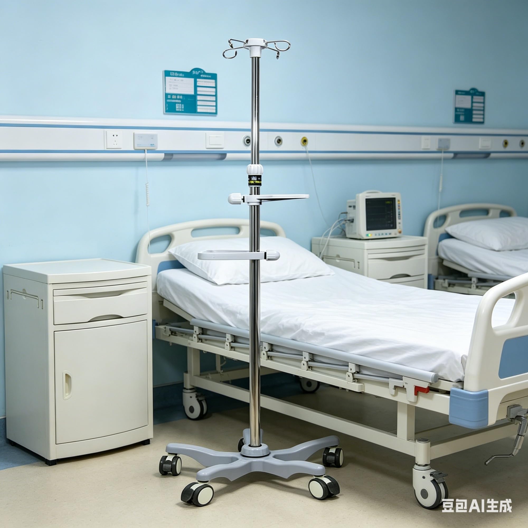 Portasueros IV Soportes Portátiles con Ruedas 4 Ganchos 5 Patas Altura Ajustable con Ruedas de Freno, Acero Inoxidable