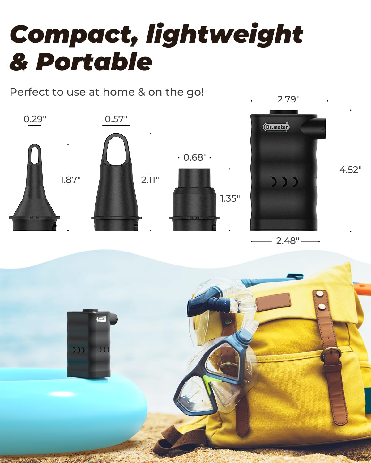 Dr.meter Elektrische Luftpumpe, 6000mAh Wiederaufladbare mini Pumpe mit 3 Luftdüsen Tragbare Luftpumpe Akku für Luftbett Luftmatratze Schwimmring Kleidung Vakuumtasche