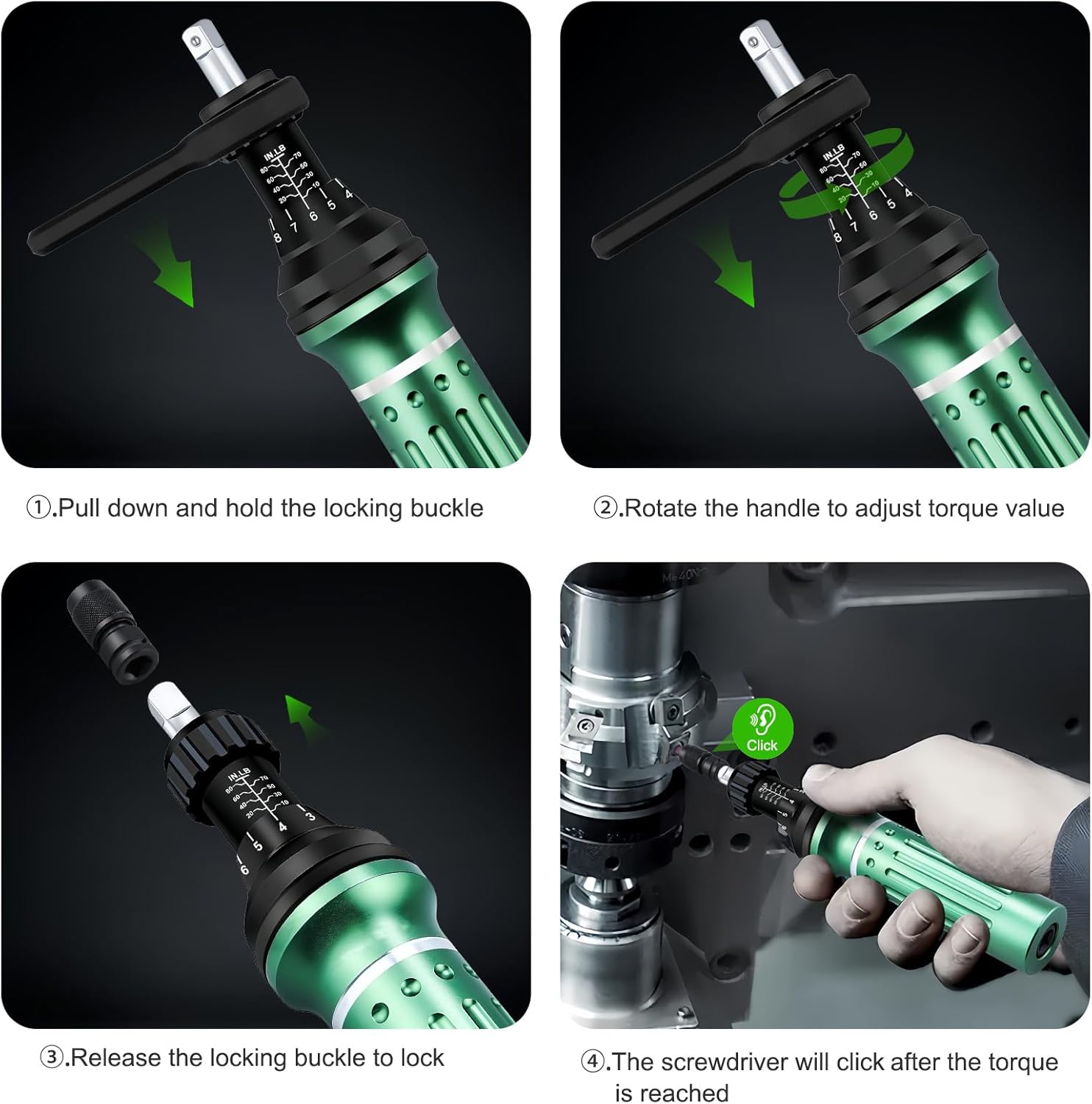 Torque Screwdriver 10-80 in.lb, Torque Screwdriver Set with 1/4" Elastic Bit Holder, 1/4" Bit Adapter, Flat, Hex, Torx and Philips Bits, Suitable for Gunsmithing, DIY, Bicycle Maintenance