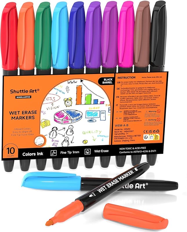 Shuttle Art Wet Erase Markers 10 Colors 1mm Fine Tip Smudge-Free Markers | Perfect for Laminated Sheets, Whiteboards, Glass, Wipe Clean with Damp Cloth for Long-Lasting Markings Low-Odor Non-Toxic