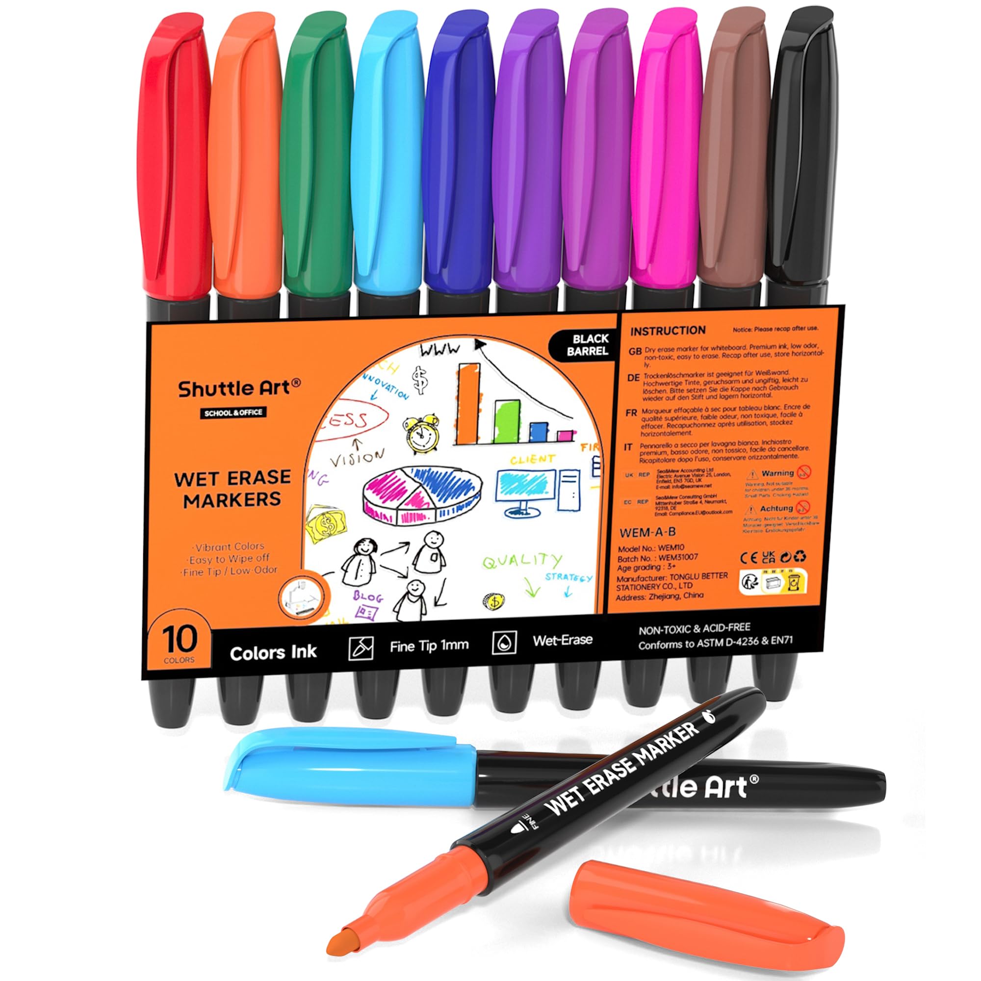 Shuttle Art Wet Erase Markers, 10 Colours Fine Tip Whiteboard Pens, Smudge-Free Wipe with Water Whiteboard Markers for Laminated Calendars, Overhead Transparency Project, Whiteboards, School Office