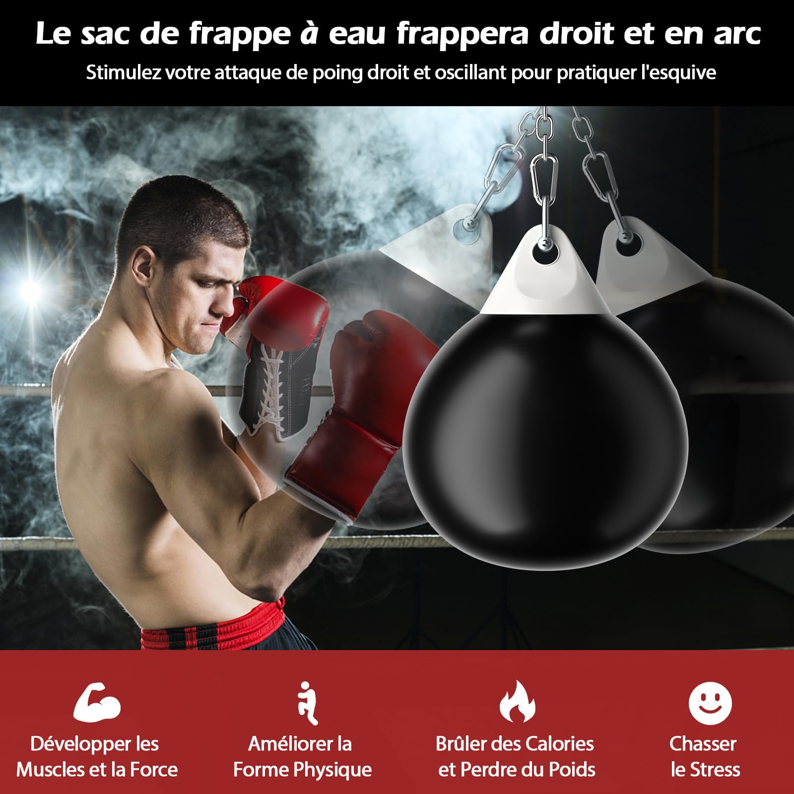 GOPLUS Saco de Boxeo de Agua, 55 cm Bolsa de Boxeo con Cadena de Metal Ajustable, Manguera de Inyección de Agua y Mosquetón, 70 L a Prueba de Fugas, Equipo de Boxeo para Profesionales y Principiantes