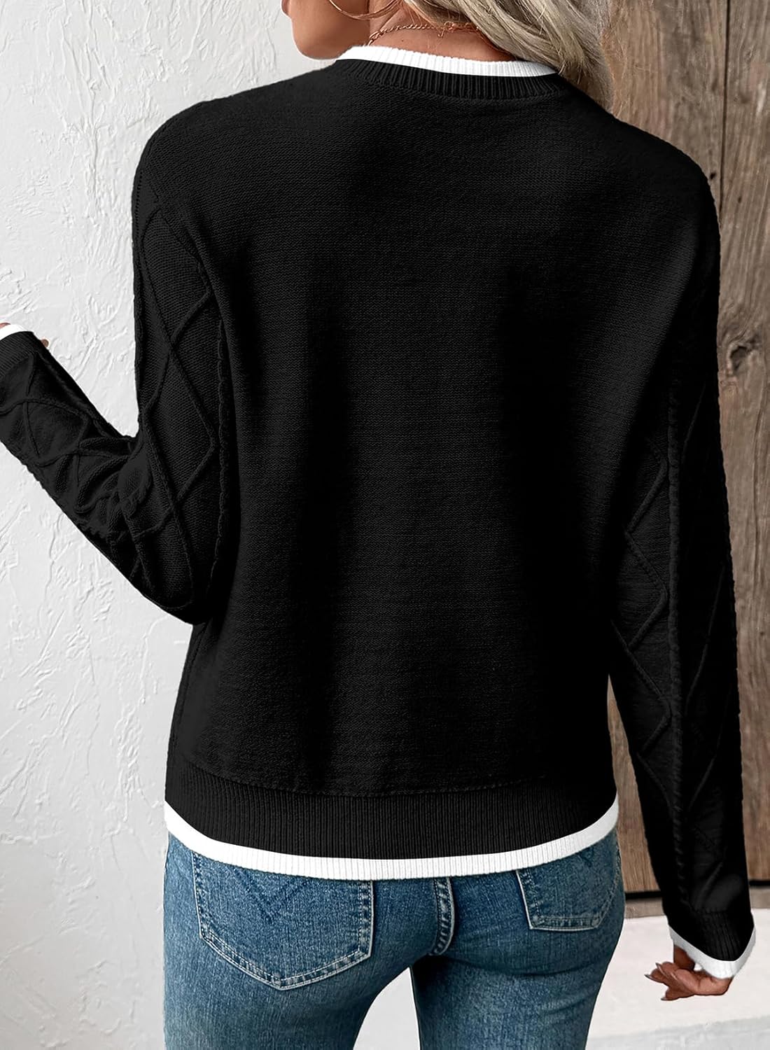 EVALESS Womens Sweaters Long Sleeve Crewneck Color Block Pullover Tops 2025 Fall Trendy Cable Knit Sweater - Image 4