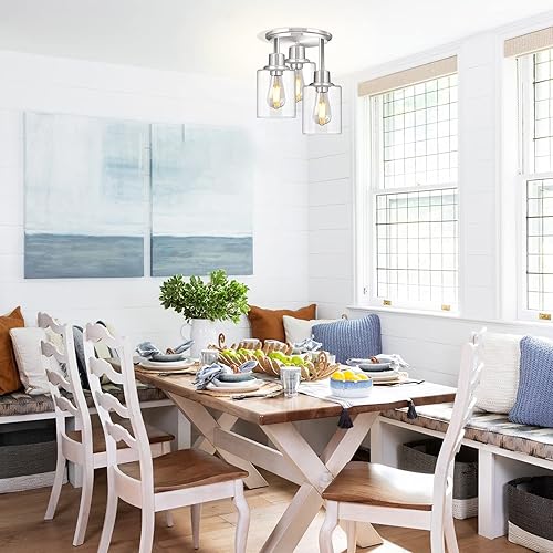 Miniatura 7 de ROTTOGOON Lámpara de techo semiempotrada, 3 lámparas de techo cerca del techo, accesorios de cocina con acabado de níquel cepillado con pantallas de