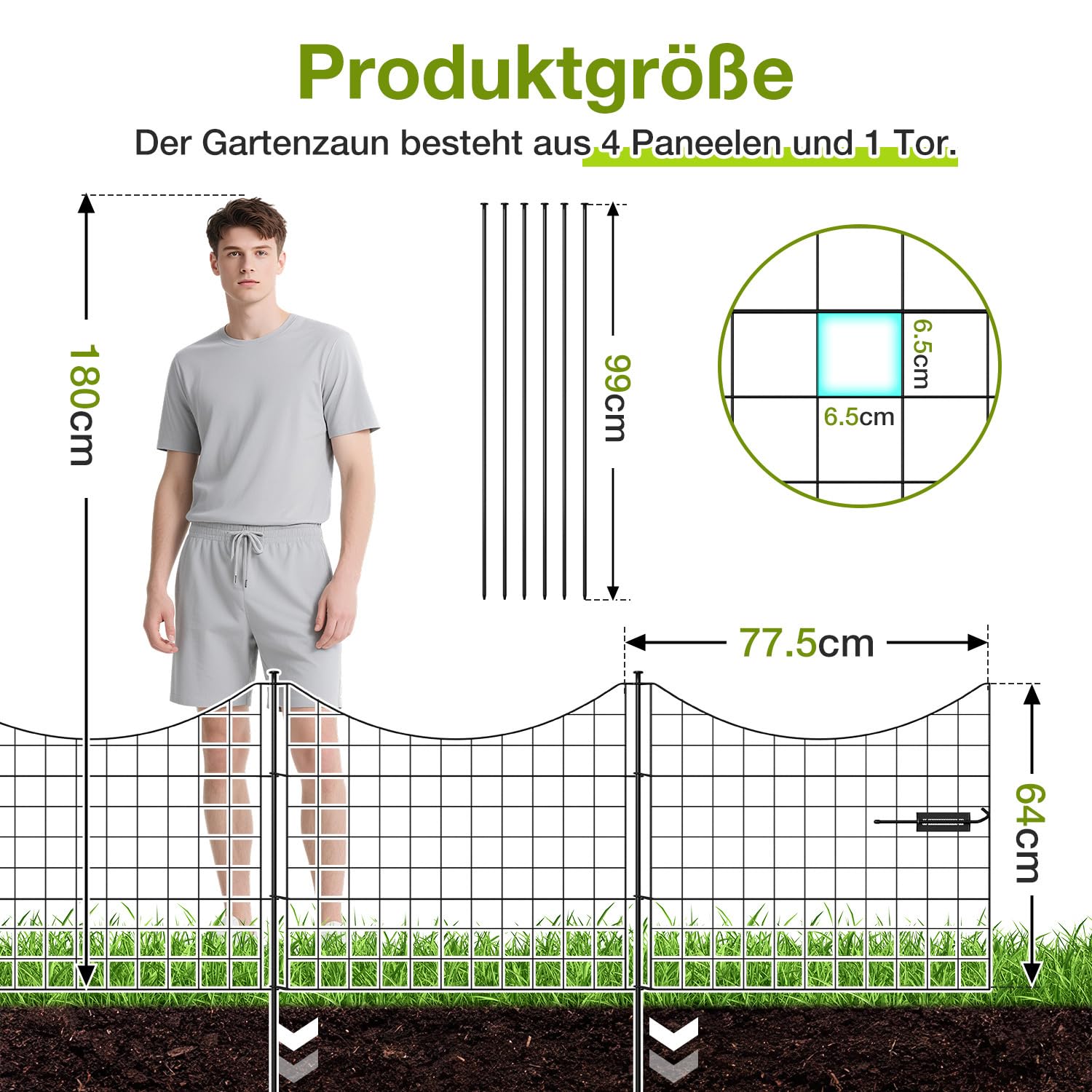 Teichzaun Gartenzaun Steckzaun Komplettset Metall 5 Unterbogen Zaunelemente, Gesamtlänge 3,87 m, inklusive 6 Befestigungsstäbe und Springverschluss, Hundezaun Tierbarriere, Schwarz