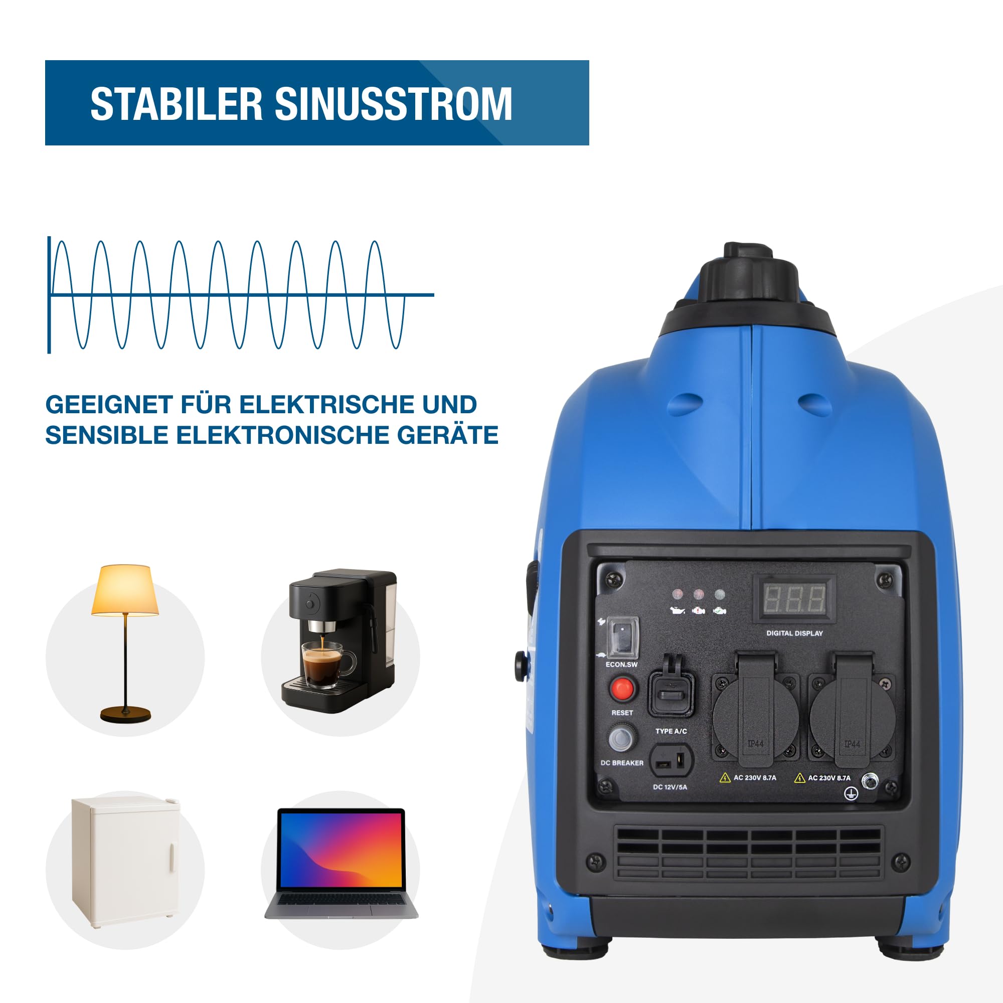 HYUNDAI Inverter Stromgenerator HY2300Si D | Stromerzeuger mit 2.2 kW max. Leistung, Benzin Notstromaggregat, leise, leicht und sparsam