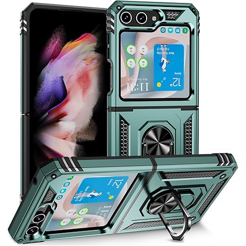 Armor Protective Case for Samsung Galaxy Z Flip 5 5G, Military Grade Shockproof Samsung Z Flip 5 Case with Hinge Protection with Finger Ring Stable Kickstand, Teal Green