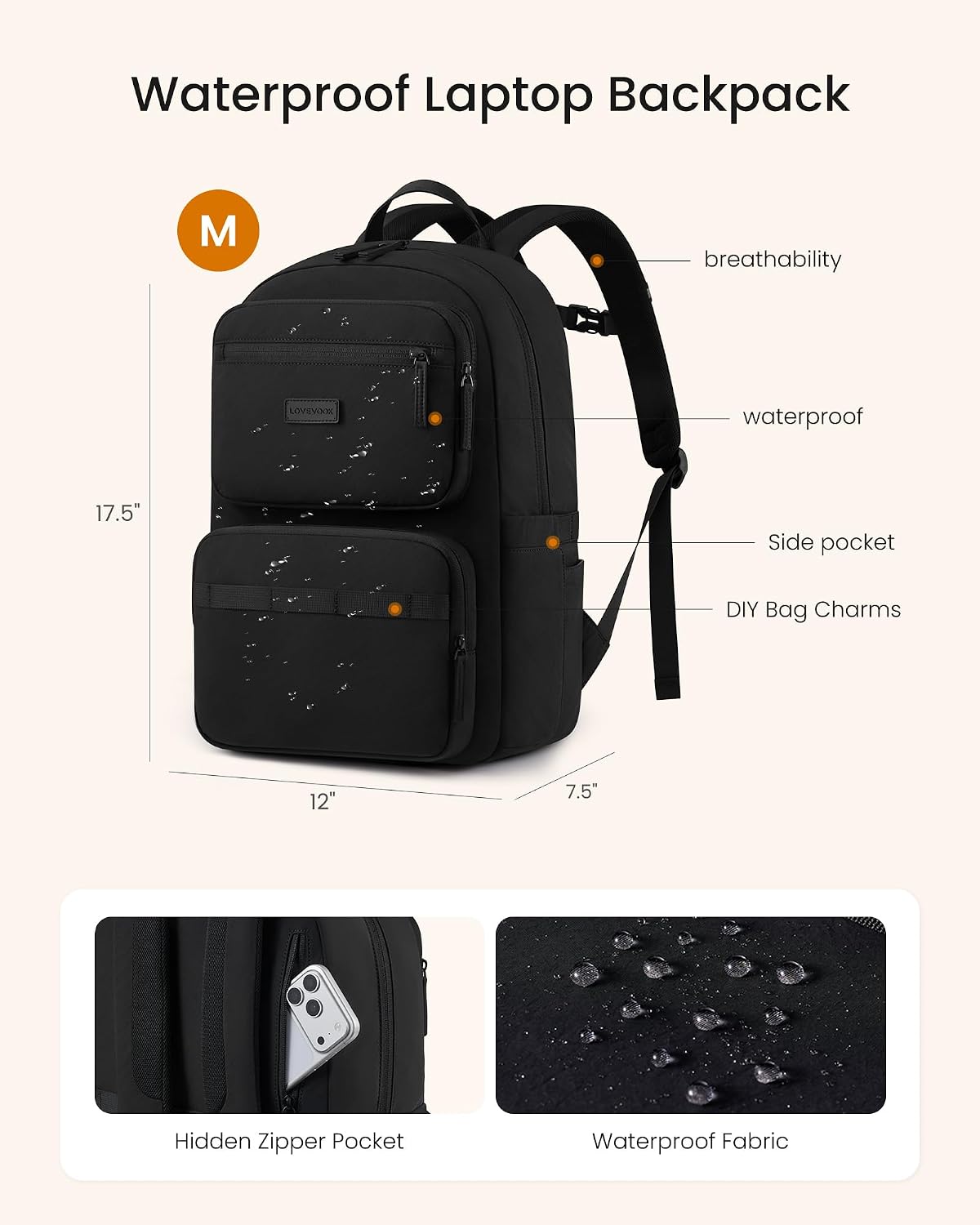 LOVEVOOK School Backpack for Teen Girls,Women Laptop Backpack with Water Bottle Holder,Lightweight Work Bag College Bookbag,Teacher Nurse bag,Black image 5