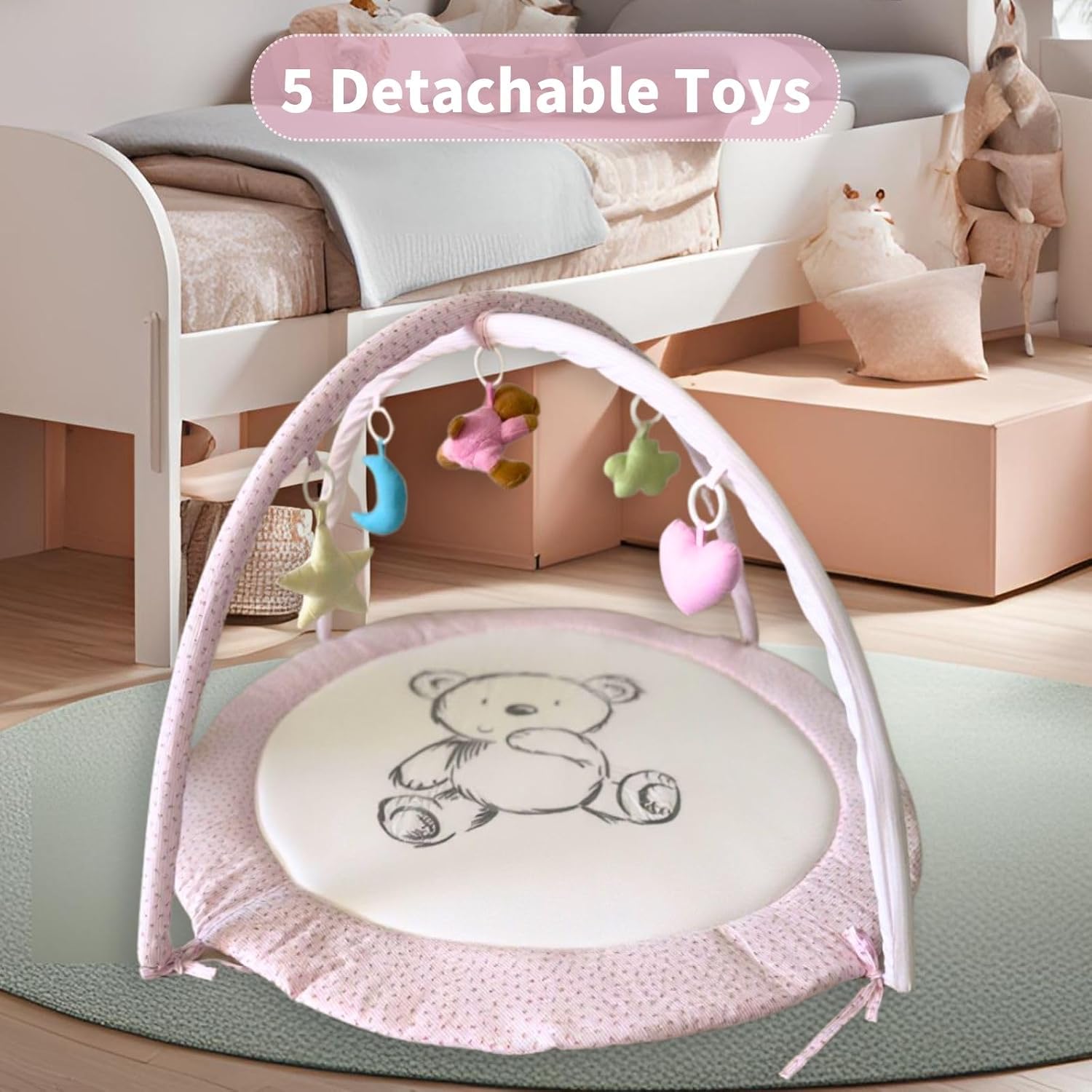 Baby Play Gym Mat & Activity Mat - 100% Cotton Soft Playmat with 6 Detachable Toys for Tummy Time, Machine Washable, Sensory Development Gift (Pink Bear)