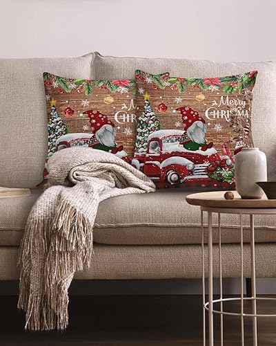 Miniatura 2 de Juego de 2 fundas de almohada de 18 x 18 pulgadas, diseño de camión de gnomo de Navidad, fundas de almohada cuadradas de lino y algodón para patio,
