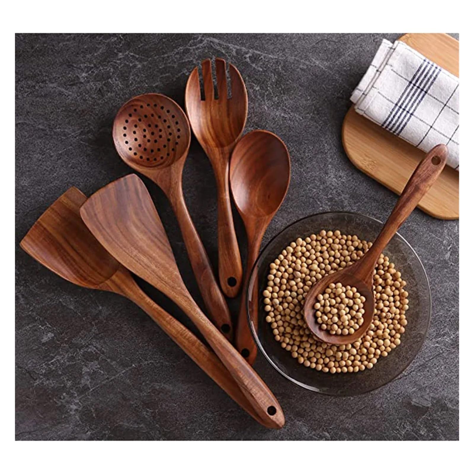Juego de utensilios de cocina de madera, sartén antiadherente, cucharas y espátulas de madera.(6pcs)