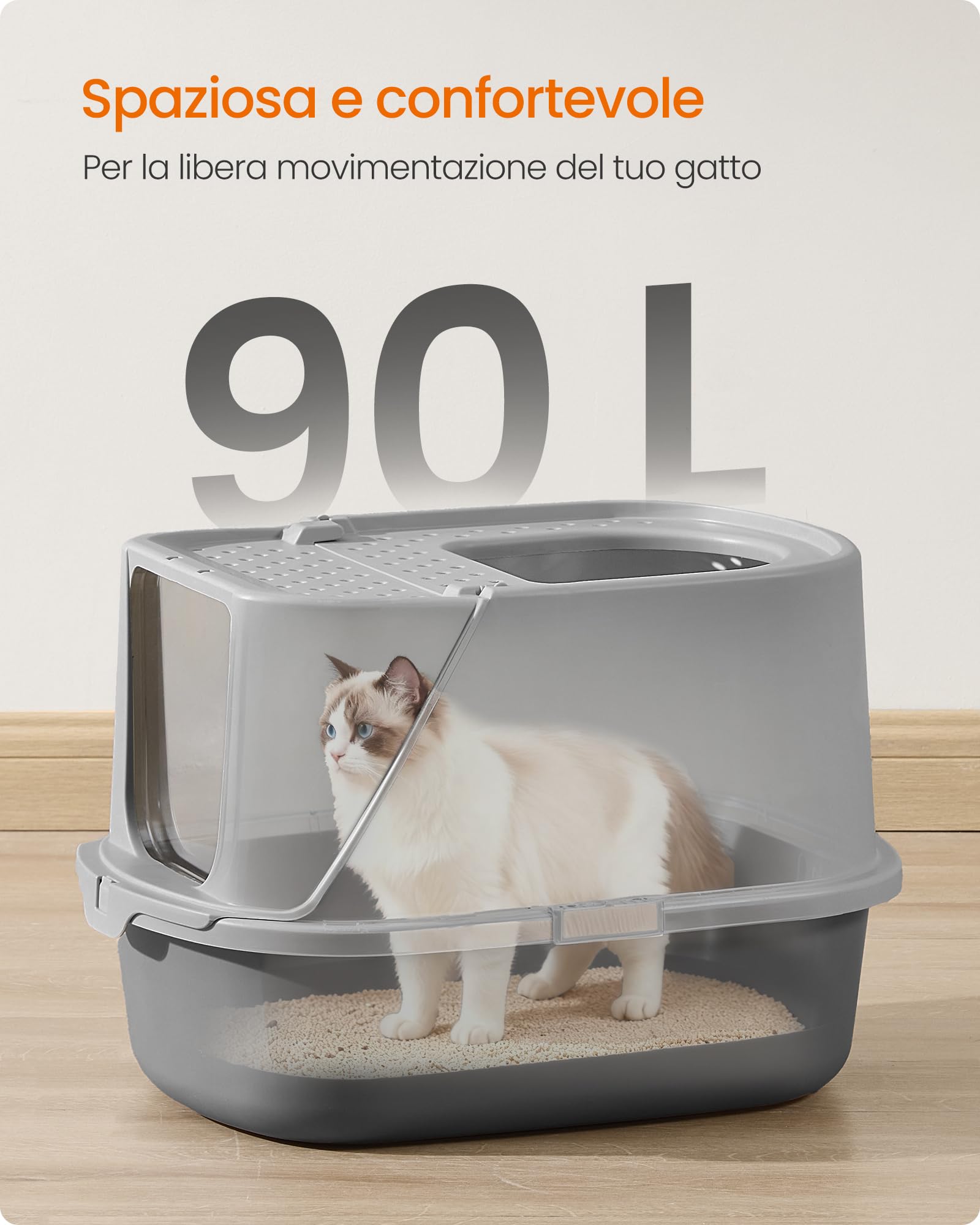 Feandrea Lettiera per Gatti XXL, Toilette per Gatti fino a 15 kg, con Coperchio, Paletta e Spazzola, Grigio Tortora e Grigio Ardesia PPT011GN01