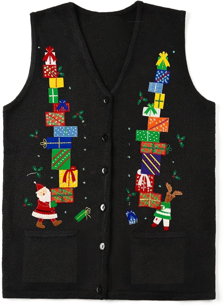 Women Christmas Sweater Vests Snowman Embroidery Sleeveless Button Cardigan Holiday Knit Tank Top Xmas Santa Claus Vest