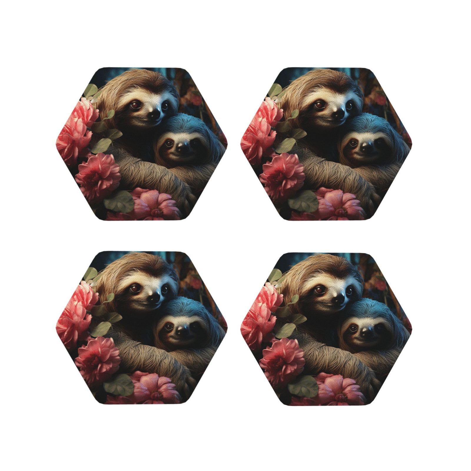 4pcs Drink Coasters for Tabletop Protection, 4" Leather Coasters for Drinks, A Sloth and A Baby Sloth Cup Coasters for Coffee Table Decor, Non-Slip Drinking Cup Mat for Hot Or Cold Drink