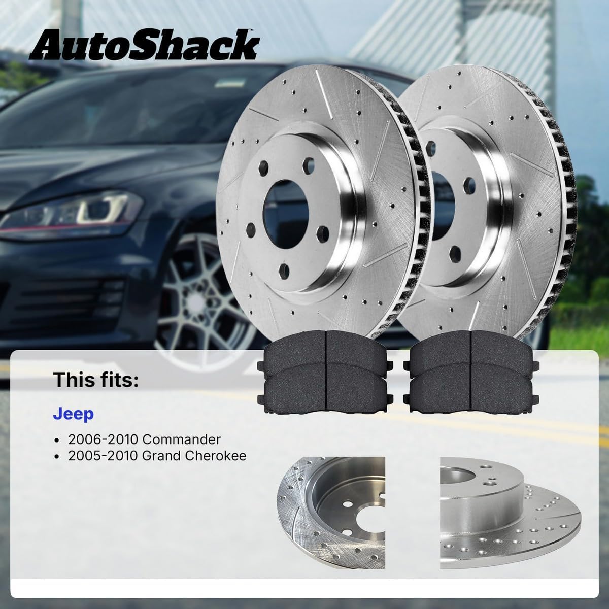 AutoShack Front Vented & Rear Solid Drilled & Slotted Silver Zinc Coated Brake Rotors + Ceramic Pads 12-PC Brake Kit Replacement for 2005-2010 Jeep Grand Cherokee SilverShield Pro