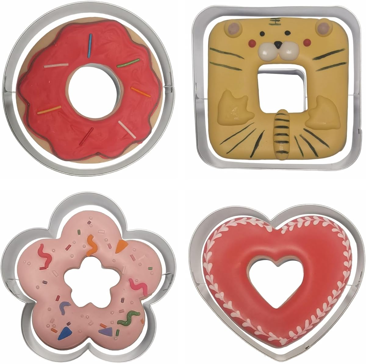 Linzer Juego de cortadores de galletas de acero inoxidable 4 piezas (redondo+cuadrado+corazón+flor) | Comais Moldes grandes para galletas y fondant Linzer para fiesta de cumpleaños, horneado navideño, decoración de pasteles y manualidades hechas a mano