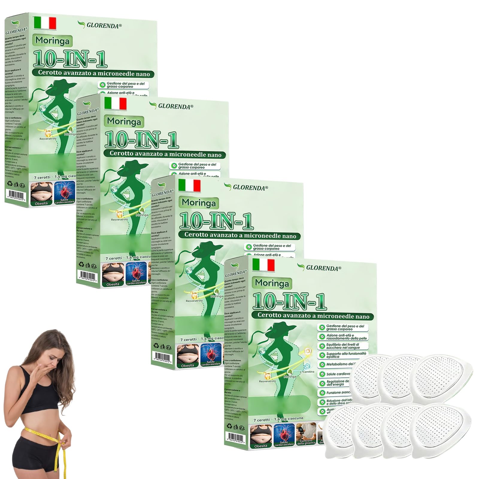 GLORENDA Moringa NAD+ 10-in-1 Cerotto Avanzato Nano Microneedle, Naturali Moringa Cerotti Dimagranti, GLORENDA Cerotti Dimagranti Efficaci, per Addome, Gambe e Braccia (4 Scatole)