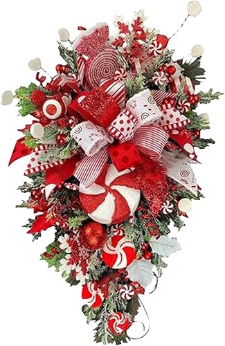 Miniatura 7 de Ramo de corona de Navidad para puerta delantera, corona de Navidad con bastón de caramelo, coronas de Navidad rojas y blancas para puerta delantera,