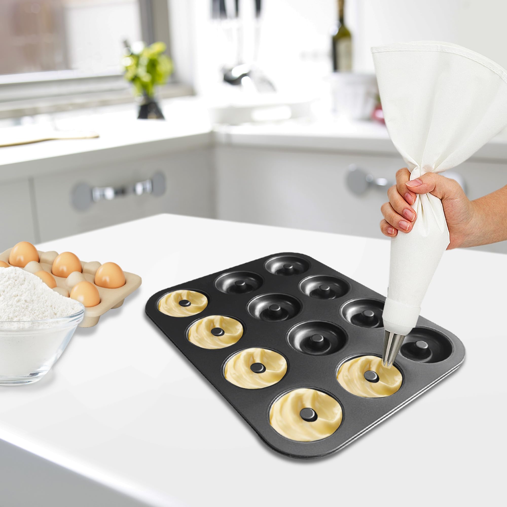 2 moldes para donas para hornear, bandeja antiadherente para donas de 12 cavidades, bandejas de acero al carbono para mini bagels y pasteles, donas para hornear horno (negro) 7