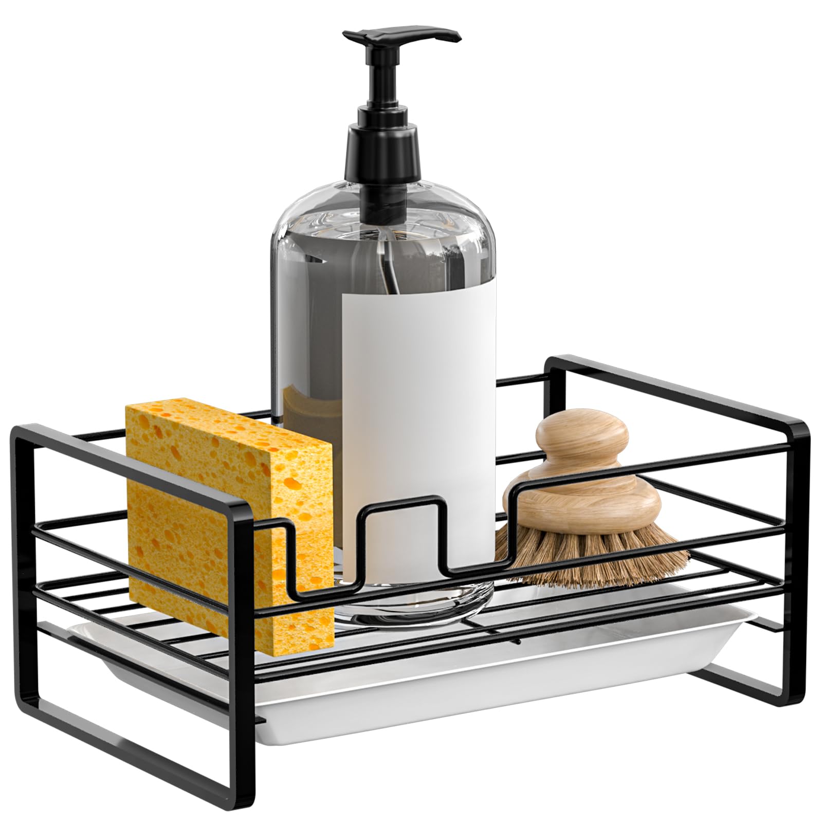 Azureblue Sponge Holder for Kitchen Sink, Kitchen Sink Caddy Organizer, Kitchen Sink Sponge Caddy, Dish Soap Brush Holder with Removable Drip Tray, Instant Dry Kitchen Sink Accessories, Black