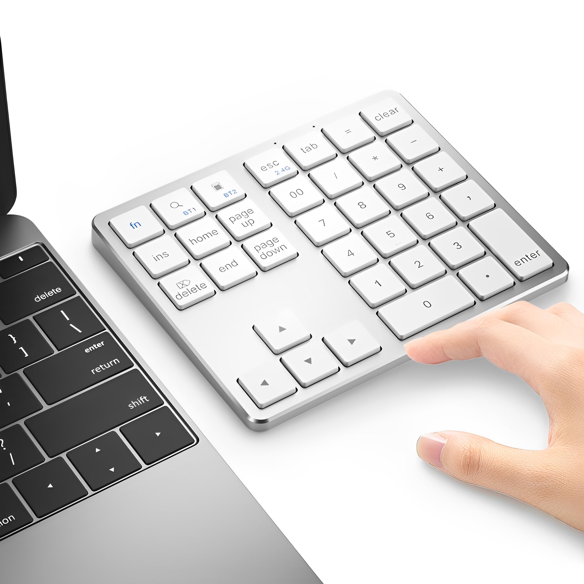 LICAEVEY Wireless Bluetooth Number Pad for Laptop - 35 Keys Dual Mode Rechargeable Numeric Keypad, Universal Numpad for Wins Android PC & Tablet (Silver White)-image-4