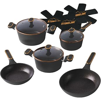 STONELINE Cookware Set 11-Piece 18/20/24 cm Pans and Pots with Lid, Pan Set, Induction Non-Stick Coated with Real Stone Parti