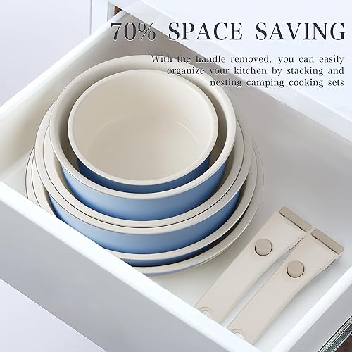 Miniatura 6 de Juego de ollas y sartenes antiadherentes  Juego de ollas y sartenes apilables para camping, mango desmontable, mango extraíble, sartenes