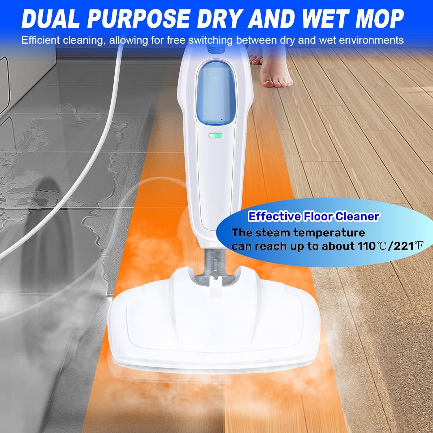 Hot Steam Mop Floor Cleaner Electric Hand Held Steam Cleaner 1500W Multipurpose Handheld Cleaning Machines Convenient Detachable Microfiber Pads For Cleaning Laminate Hardwood Marble Tile Floor Carpet