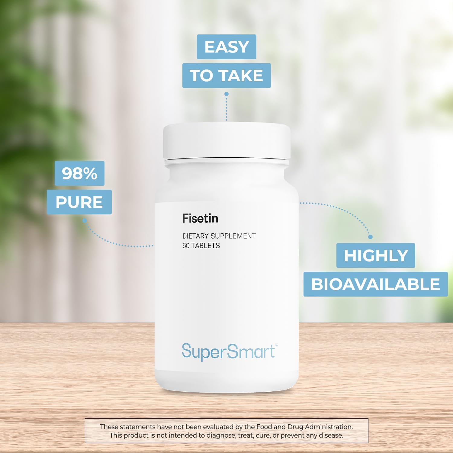 Supersmart - Fisetin 500mg per Day (Easy-to-Take) - 98% Pure Fisetin Supplement - Highly Bioavailable Polyphenol - Potent Senolytic Activator | Non-GMO & Gluten Free - 60 Tablets