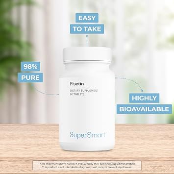 Supersmart - Fisetin 500mg per Day (Easy-to-Take) - 98% Pure Fisetin Supplement - Highly Bioavailable Polyphenol - Potent Senolytic Activator | Non-GMO & Gluten Free - 60 Tablets